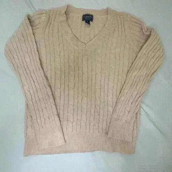 Chaps Ralph Lauren Cable Knit V-neck Preppy Sweater in Pink 100%  Cotton Medium - Picture 1 of 8